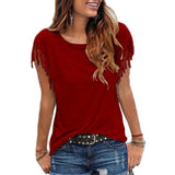 Short Sleeve Tassel Fashion T-shirt Woman Simple Crew Neck Basic Tops 2021 New Leisure Ladies Streetwear Solid