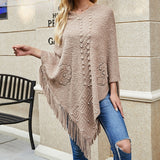 Autumn Winter Long Fringe Poncho Women Sweater Oversized V-Neck Jumper Knitwear Holiday Vintage Cape Batwing Sleeve