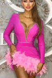 Elegant Women Bandage Dress Sexy Feathers Long Sleeve Bodycon Clothing Club Party Evening Mini
