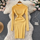Women Striped Midi Sweater Dress Long Sleeve Elastic Waist Slim Warm Dress Fashion 2022 Ladies Thick Knitted