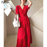 Button V-Neck Short Sleeve Summer Dress Women Chic Patchwork Lace Cotton Elegant Long Maxi Dresses Boho Beach