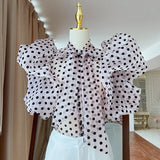 Print White Casual Shirts For Women Stand Collar Short Sleeve Lace Up Bowknot Loose Blouses Female 2022 Fashion