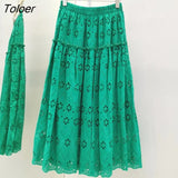 Boho Elegant White Long Skirt Women Hook Flower Hollow Folds Hem High-waisted Skirts Casual Holiday Female Clothes