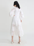 Elegant Solid Dresses For Women Stand Collar Long Sleeve Single Breasted High Waist Tunic Embroidery Dress Female
