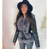 Autumn Winter Tie Belt Slim Jackets Women Elegant Solid Coats Women Faux Fur Collar Patchwork Jackets