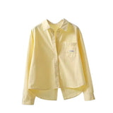 Fruit Green Back Open Fork Short Cotton Shirt Women 2025 New Korean Version Of Single Pocket Shirt