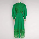 TWOTWINSTYLE Embroidery Elegant Dress For Women Stand Collar Puff Sleeve High Waist Cut Out Midi Dresses Female Fashion