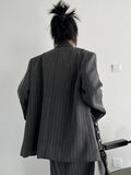Fashion Women's Notched Collar Spliced Diagonal Buckle Striped Blazer Loose High Waist Grey Skirt Spring 2023 New