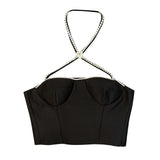 Patchwork Diamond Camis For Women Halter Collar Sleeveless Solid Minimalist Vests Female Summer Clothing Style