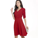 Women Dresses A-Line Solid Short Sleeve V-Neck Fit Clothing Robe Vintage 50s 60s Rockabilly Dress