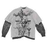 New Street Trendy Skull Graffiti Print T-Shirt Fake Two-Piece Casual Long-Sleeved
