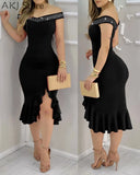 Women Sexy Shiny Rhinestone Embellished Off Shoulder Bodycon