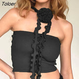 Sexy 3D Flowers Women Camis Sleeveless Backless Multi-Ways Bandage Slim Crop Tops Female Black Vest