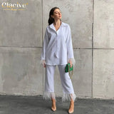 Causal White Home Suit Women Spring Elegant Loose Shirt Two Piece Pants Set Female Fashion Feather Spliced Trouser