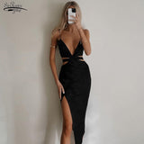 Low V-neck Women's Suspenders Dress Backless Cut Out Summer Black Midi Dress Women Side Slit Party Club Evening Dress