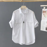 Short-Sleeved Solid-Colored Shirt Women 2025 Summer New Outer Shirt Design Sense Double Pocket Loose Thin Top