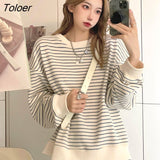 Women Striped All-match Elegant Spring Autumn New Loose O-neck College Leisure Female Soft Stylish Korean Style