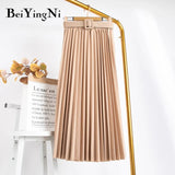 Korean Style Pleated Midi Skirt Women Casual New Fashion High Elastic Waist Skirts Black Pink Elegant Skirt Belt