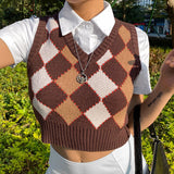 Sweetown Argyle Plaid Knitted Womens Sweater Vest England Preppy Style Cute New Clothes V Neck Casual 90s Knit Jumpers