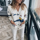 Autumn White Cotton Knitted Cardigan Sweater Women Coat 2022 Print V-Neck Pockets Female Jumpers Casaul Buttons Women
