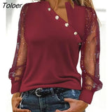for Women 2023 Casual Daily T-shirts Glitter Sheer Mesh Long Sleeve Top Fashion Ladies Blouses Europe and America