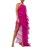 Layered Dress y2k Women Solid Color One Shoulder Sleeveless Backless High Split Ruffled Long Dress 2000s Party