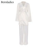 Women 3 Pieces Sets Long Sleeve Loose Belt Satin Blazer Coat High Waist Pants Legs Adjustable Pants Female Sexy