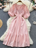 Summer White/Green/Pink New Lace Embroidery Dress Women Puff Sleeve Dresses Female Vintage Party Beach Maxi Long