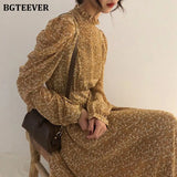 Vintage Stand Collar Ruched Sleeve A-line Dress Women Floral Print Elastic Waist Female Dress Spring Vestidos femme
