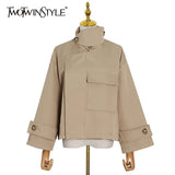 Khaki Loose Jacket For Women Stand Collar Long Sleeve Casual Jackets Female 2020 Autumn Fashion New Clothing