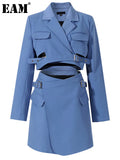 Women Blue Cross Buckle Hollow Out Blazer Dress New Lapel Long Sleeve Loose Fit Fashion Tide Spring Autumn 2023