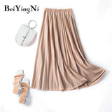 Pleated Midi Skirt Elastic High Waist Sweet Casual 2020 Summer Slim Long Preppy Woman's Skirts Maxi Black Skirt