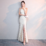Feather Hanging Neck Open Shoulder Fashion Atmosphere Thin Long Skirt Evening Dress Students Graduation Performance Choral