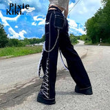 Gothic Punk Lace Trim Chain Baggy Jeans Streetwear Women Cyber Y2k Black Denim Trousers Grunge Aesthetic Pants