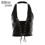 Sisterlinda Sexy Punk Y2K Black PU Leather Crop Top Womens Sleeveless Deep V Neck Backless Camisole Fashion Party Club