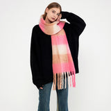 Women's Winter Warm Pink Plaid Fringe Rainbow Scarf Imitation Cashmere Wool Warm Long Scarf Shawl