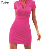 Women Sexy Vestidos Solid Color Mock Neck Short Sleeve Ribbed Zip Bodycon Mini Short Dress Women Clothes Party