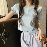 Toloer Hot Girl Crop Short Style Student Jacket 2024 Summer New Short Sleeve Embroidery Wooden Ear Slim T-Shirt Female