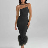 Women's Green French Sling Dress Women's Ostrich Hair Splicing Temperament High-End Thin Sling