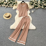 Version Of Retro Fashion Collar Collar Short-Sleeved Knitting Top + High-Waisted Casual Broad-Legged Trousers 2025 Summer