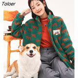 Women Thick Plush Coat 2022 Winter Long Sleeve Stand Collar Loose Jacket Graphic Print Green Warm Casual Sweatshirt