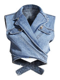 Women Blue Denim Irregular Blouse New Lapel Long Puff Sleeve Loose Fit Shirt Fashion Tide Spring Autumn 2023