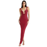 Toloer Women's Wear Fall 2024 New V Neck Open Back Irregular Dress Women's Dress Slit Dress-Outfit