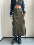 Long Cargo Skirt Women Y2k Streetwear Vintage Pocket High Waist Side Split Shirring Casual Straight Midi Skirt