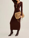 New Women's Dress French Retro Solid Color V-Neck Long-Sleeved Bag Hip Knitted