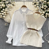 Style Suit Women's Casual Long-Sleeved Shirt + Waist V-Neckless Knitted Vest Two-Piece