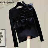 Shirts for Women Ruffles Patcheork Tshirt Fashion Sequins Y2K Tops White Black T-shirts Ropa Mujer Korean Summer