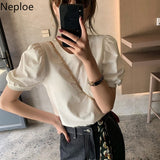 Shirts Women 2023 Korean Fashion Woman Clothes Tshirt O-neck Short Blouses Puff Sleeve Y2K Tops Tees Loose White