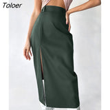 Sexy Split PU Skirts Women High Waist Solid Mid-Calf Skirt Slim Street Trendy Zipper Spring Leather Skirts Female