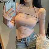 Shirts for Women Sexy Halter Long Sleeve Knit Tshirts Korean Irregular Tees Tops Fashion Woman Clothing Hollow Out